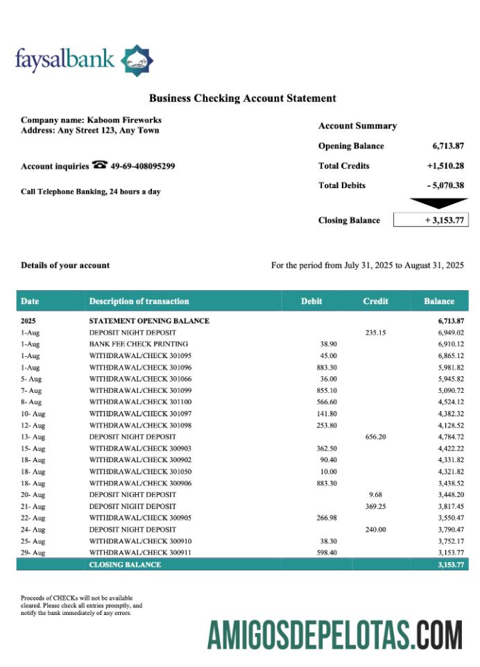 Realista Paquistão Faysal Firm modelo de extrato de conta Word e PDF